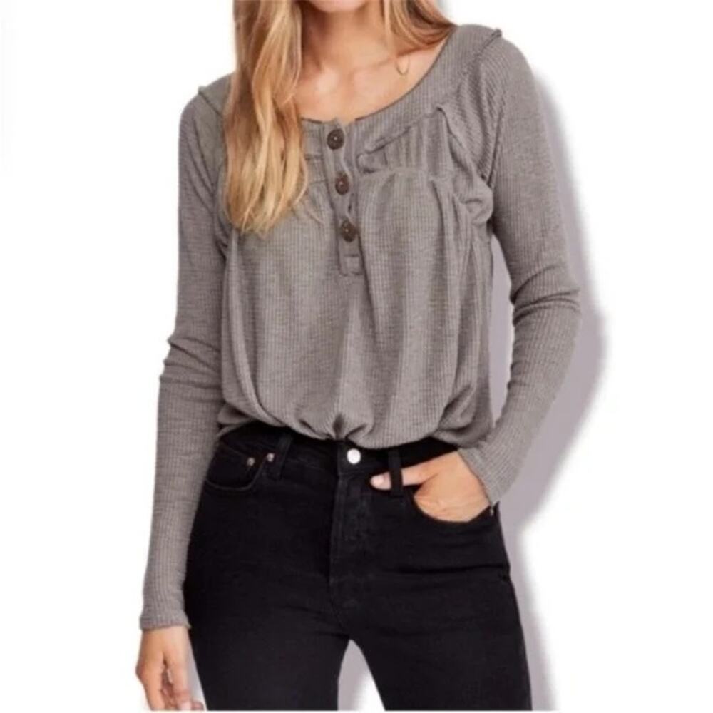 We The Free Small Must Have Henley Rib Top Gray Free People Grey Long Sleeve
